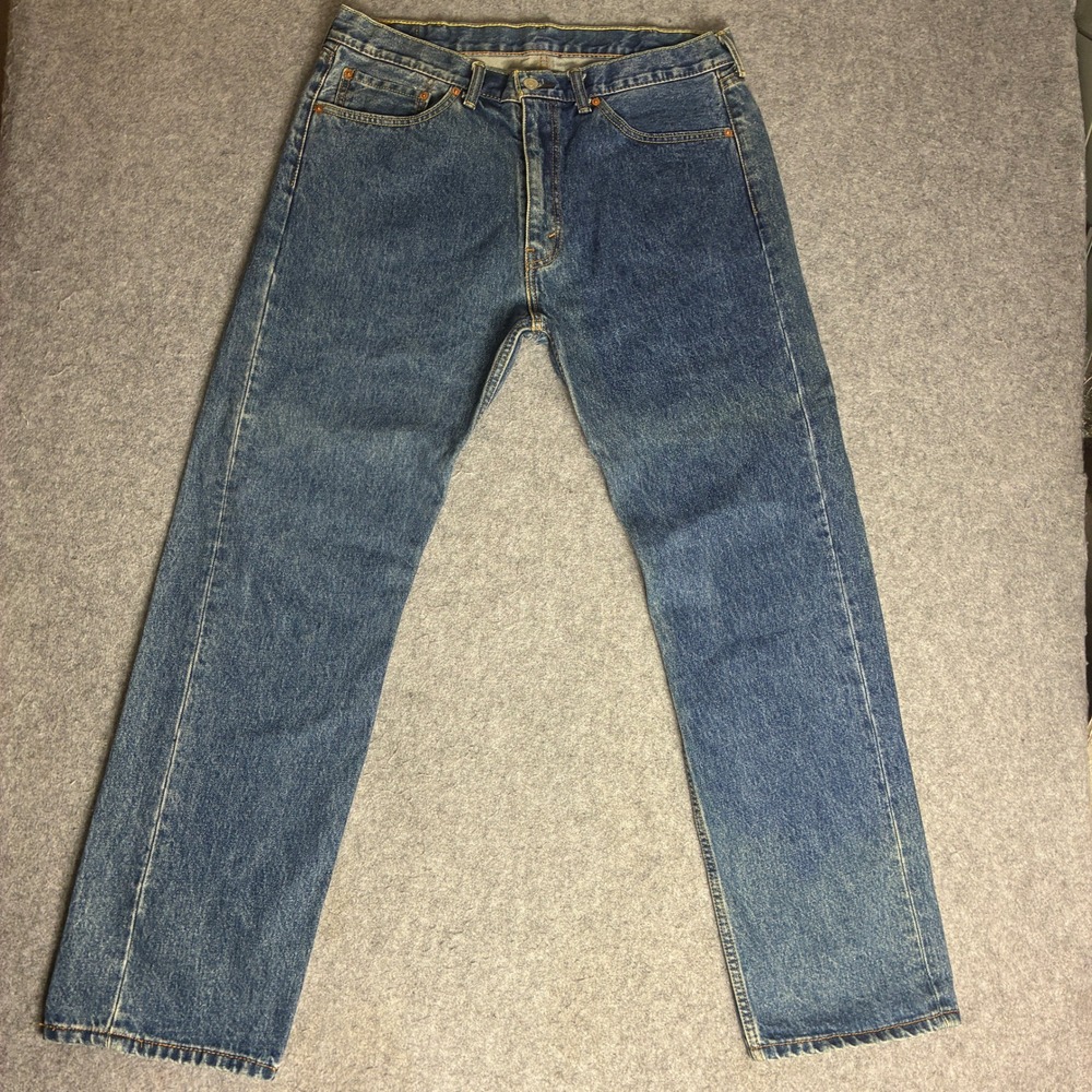 Levis 505 Mens 38x32 Original Fit Straight Leg Blue Denim Jeans Light Wash Work